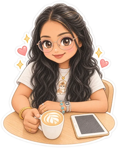 A cute illustrated sticker of Rashmi at a café table with a latte and an e-reader, wearing a cat T-shirt.