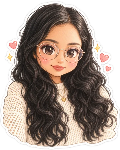 A cute illustrated sticker of Rashmi Anchan with long wavy black hair and round glasses, wearing a cream knit sweater, surrounded by little hearts and sparkles.