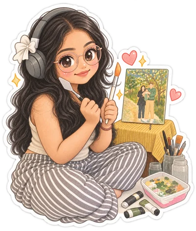 A cute illustrated sticker of Rashmi sitting cross-legged in headphones, holding a paintbrush and palette knife beside a small painted canvas and paint tubes.